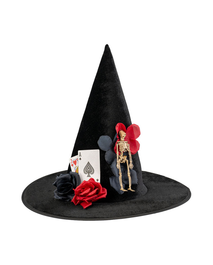 Velvet witch hat w/skeleton, cards and flowers h.37 cm w/header