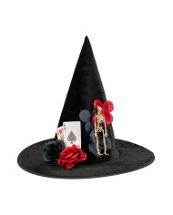 Velvet witch hat w/skeleton, cards and flowers h.37 cm w/header