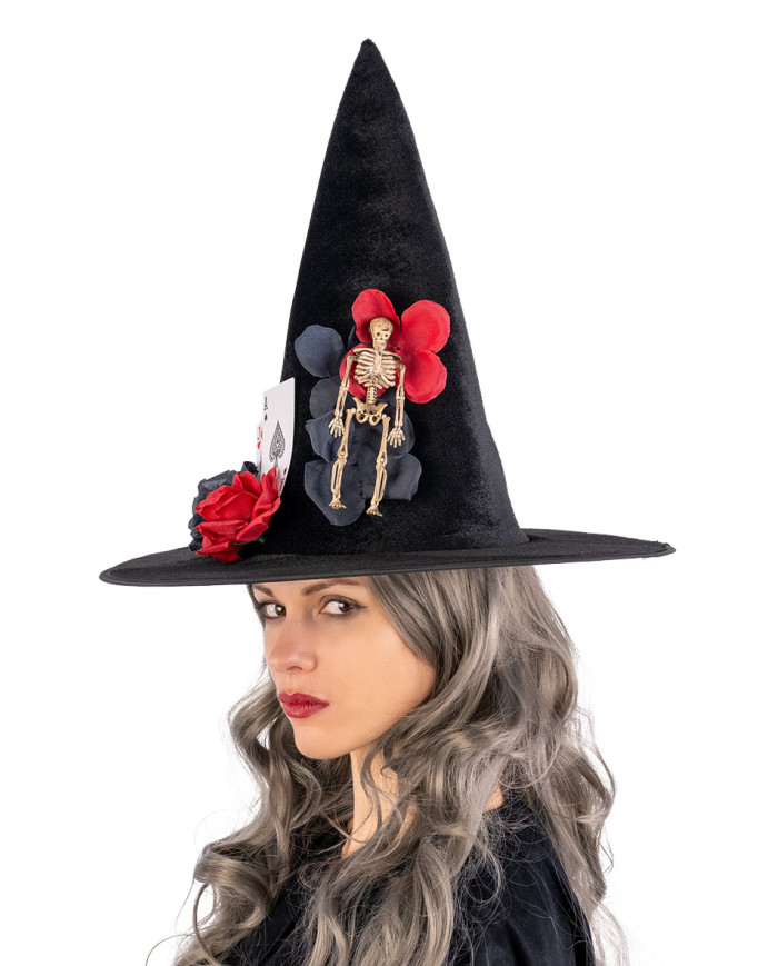 Sombrero de bruja de terciopelo con esqueleto, cartas y flores de unos 37 cm con solapa de cartón