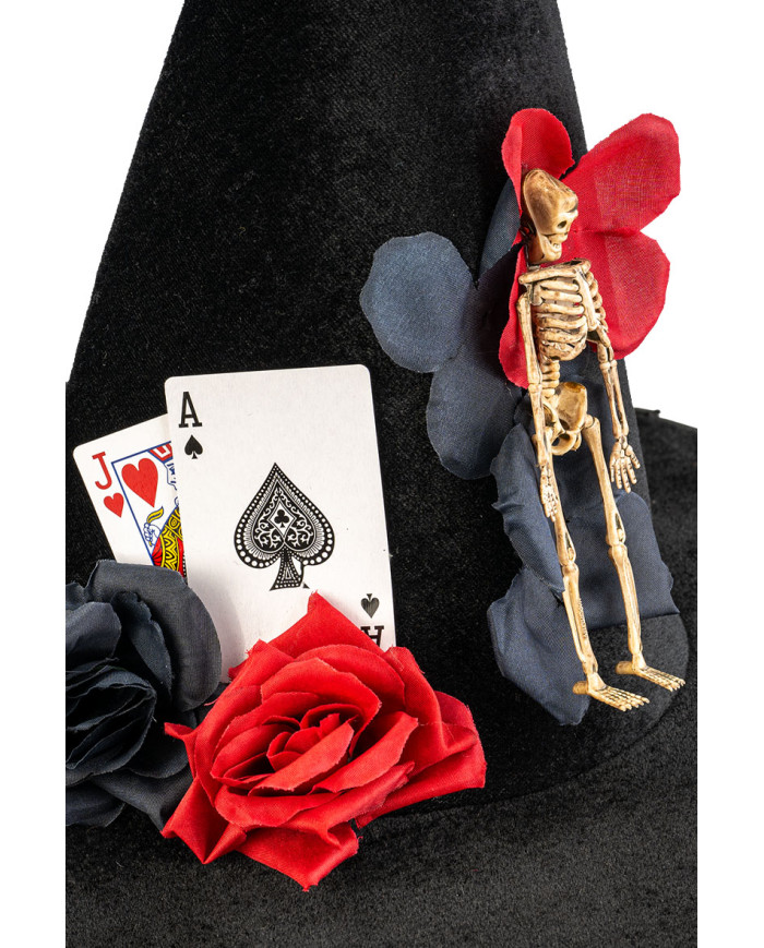 Velvet witch hat w/skeleton, cards and flowers h.37 cm w/header