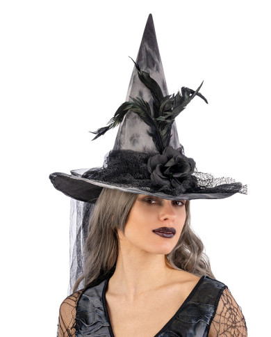 Chapeau de sorcière en tissu avec fleurs, plumes, voile avec étiquette volante / étiquette