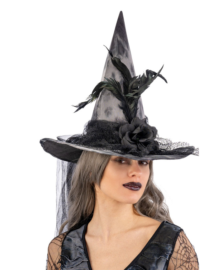 Fabric witch hat with flowers, feathers, veil with hangtag/label