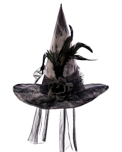 Chapeau de sorcière en tissu avec fleurs, plumes, voile avec étiquette volante / étiquette