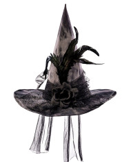 Chapeau de sorcière en tissu avec fleurs, plumes, voile avec étiquette volante / étiquette