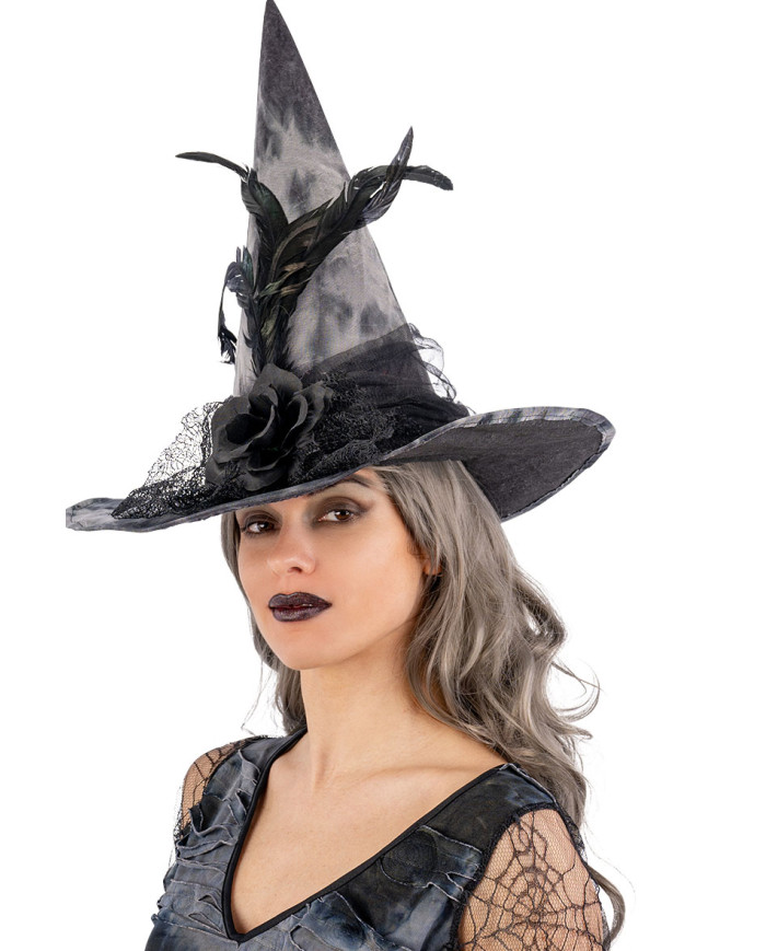 Fabric witch hat with flowers, feathers, veil with hangtag/label