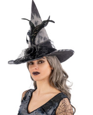 Fabric witch hat with flowers, feathers, veil with hangtag/label