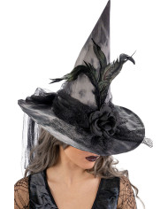 Sombrero de bruja de tela con flores, plumas, velo con etiqueta colgante/etiqueta adhesiva