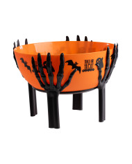 Cesta naranja con manos de esqueleto de unos 26 cm de diámetro con etiqueta colgante/etiqueta adhesiva