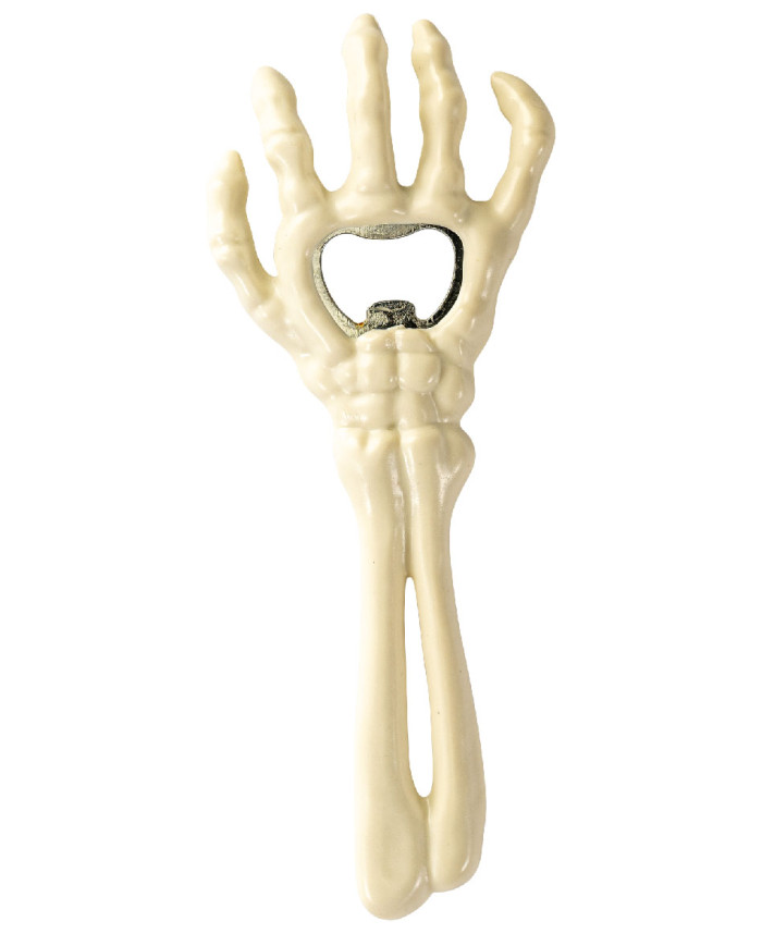Skeleton hand bottle opener in bag on card