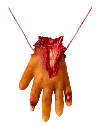 Collier avec main coupée en latex avec étiquette cartonnée pliée