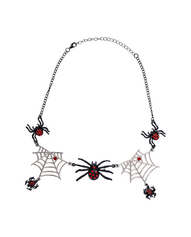 Collar con telarañas y arañas metálicas sobre cartoncillo