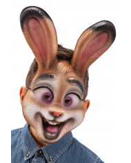 Brown eva rabbit mask with open mouth, purple eyes and big