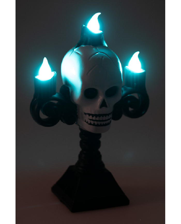 Candélabre avec tête de mort et lumières (piles comprises) h. 16 cm dans une boîte