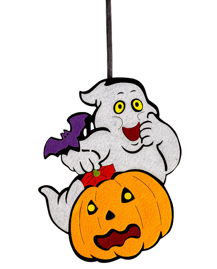 Decorazione fantasma con zucca in feltro d'appendere h.cm.25 ca. con cartellino/etichetta Decorazione fantasma con zucca in feltro d'appendere h.cm.25 ca. con cartellino/etichetta
