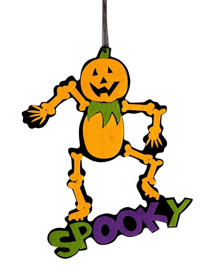 Kleines Skelett orange zum Aufhängen aus Filz H. ca. 32 cm mit Pappschild/Etikett