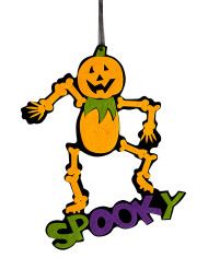 Esqueleto naranja para colgar de fieltro de unos 32 cm de altura con etiqueta colgante/etiqueta adhesiva