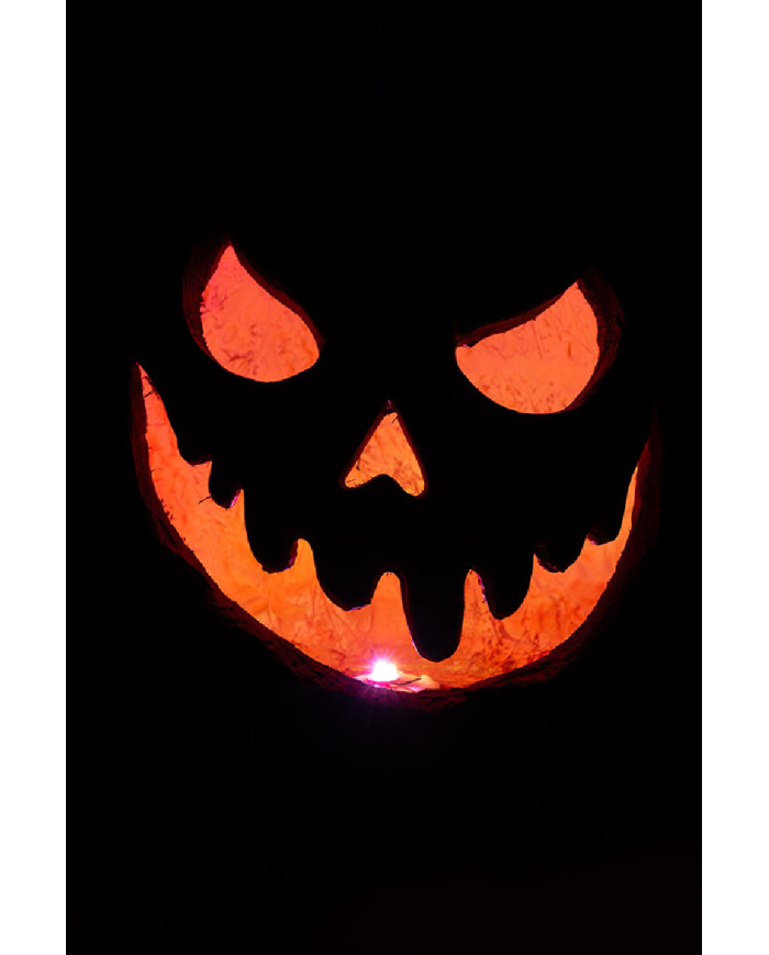 Calabaza decorativa de resina con luces de unos 33 cm de altura en caja