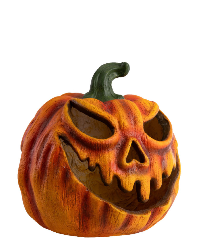 Calabaza decorativa de resina con luces de unos 33 cm de altura en caja