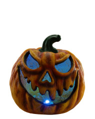 Calabaza decorativa de resina con luces de unos 33 cm de altura en caja