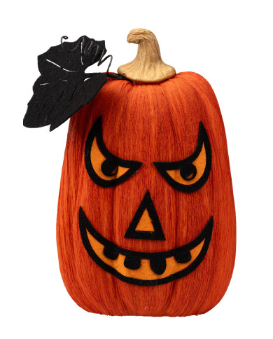 Citrouille décorative en polystyrène recouvert et décorations h. 30 cm x l. 20 cm avec étiquette volante / étiquette