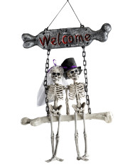 Dekoration Skelette auf Schaukel zum Aufhängen H. ca. 60 cm x L. ca. 40 cm mit Pappschild/Etikett