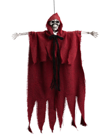 Esqueleto para colgar con traje rojo de unos 60 cm de altura con etiqueta colgante/etiqueta adhesiva