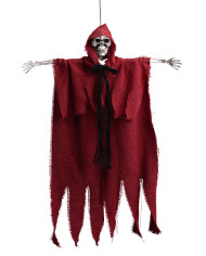Esqueleto para colgar con traje rojo de unos 60 cm de altura con etiqueta colgante/etiqueta adhesiva