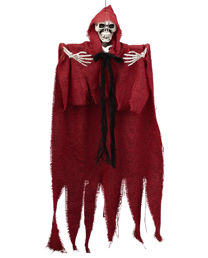 Esqueleto para colgar con traje rojo de unos 60 cm de altura con etiqueta colgante/etiqueta adhesiva