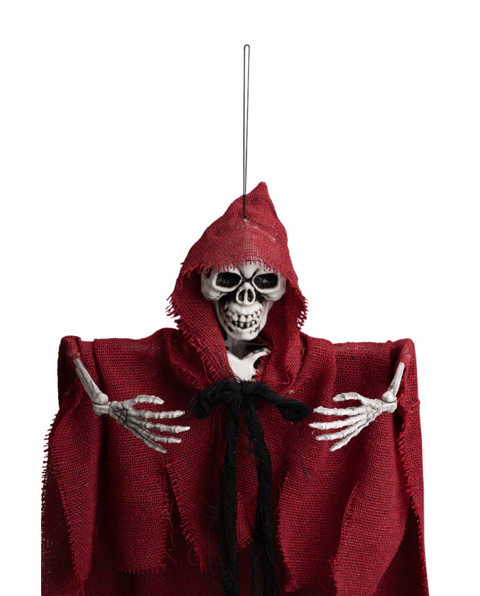 Esqueleto para colgar con traje rojo de unos 60 cm de altura con etiqueta colgante/etiqueta adhesiva