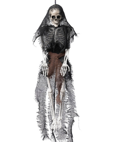Esqueleto para colgar con traje negro de unos 45 cm de altura con etiqueta colgante/etiqueta adhesiva