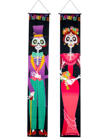 2 Banner aus Stoff mexikanische Totenköpfe H. 180 ca. cm x L. ca. 30 cm in Beutel mit Aufhänger