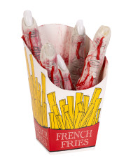 Frittierte Finger mit Blut in Schachtel, H. ca. 16 cm mit Pappschild/Etikett