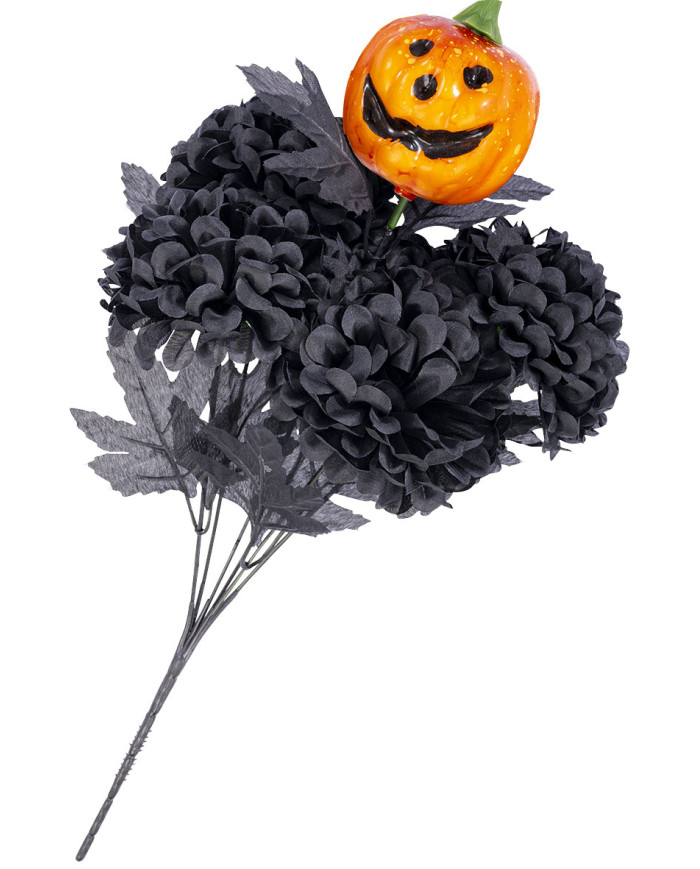 Tige avec chrysanthèmes noirs et citrouille h. env. 40 cm avec étiquette volante / étiquette