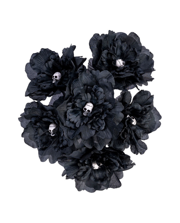 Stiel mit schwarzen Blumen und Totenköpfen H. ca. 40 cm mit Pappschild/Etikett