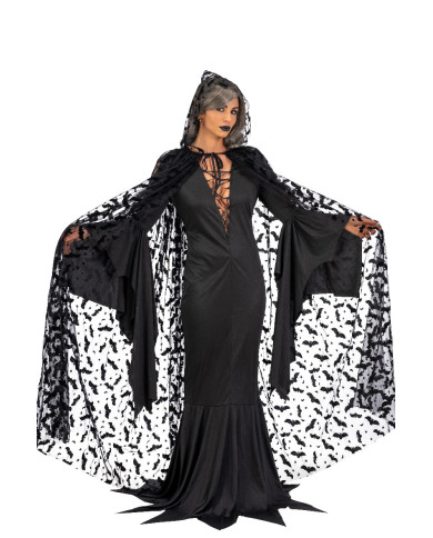 Cape en tulle à imprimé chauve-souris et capuche l. env. 140 cm. dans un sachet avec crochet Cape en tulle à imprimé chauve-souris et capuche l. env. 140 cm. dans un sachet avec crochet