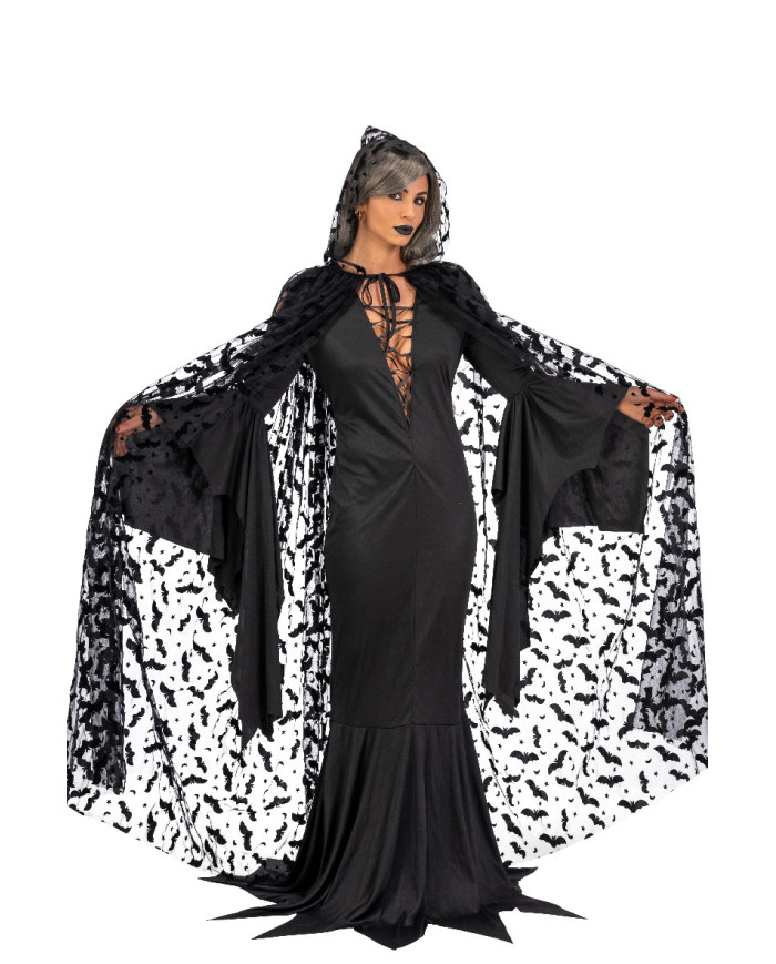 Cape en tulle à imprimé chauve-souris et capuche l. env. 140 cm. dans un sachet avec crochet Cape en tulle à imprimé chauve-souris et capuche l. env. 140 cm. dans un sachet avec crochet