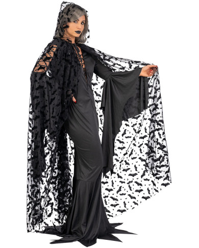 Cape en tulle à imprimé chauve-souris et capuche l. env. 140 cm. dans un sachet avec crochet Cape en tulle à imprimé chauve-souris et capuche l. env. 140 cm. dans un sachet avec crochet