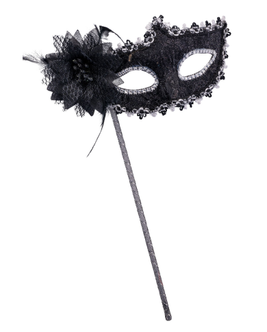 Masque noir en tissu avec fleur et bâton avec étiquette volante / étiquette Masque noir en tissu avec fleur et bâton avec étiquette volante / étiquette