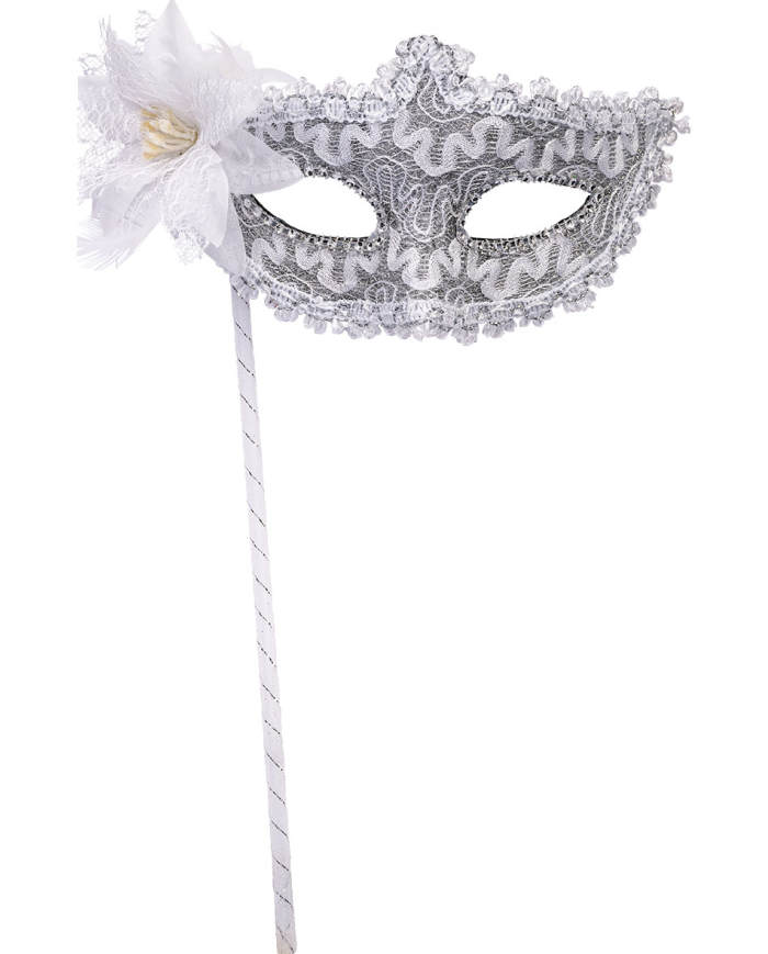 White fabric mask with flower and stick with hangtag/label