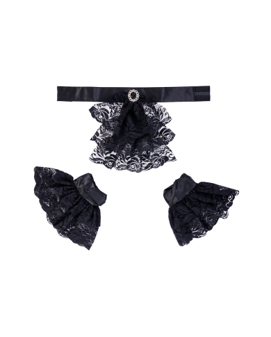 Set schwarze Halskrause und Manschetten aus Stoff, in Beutel