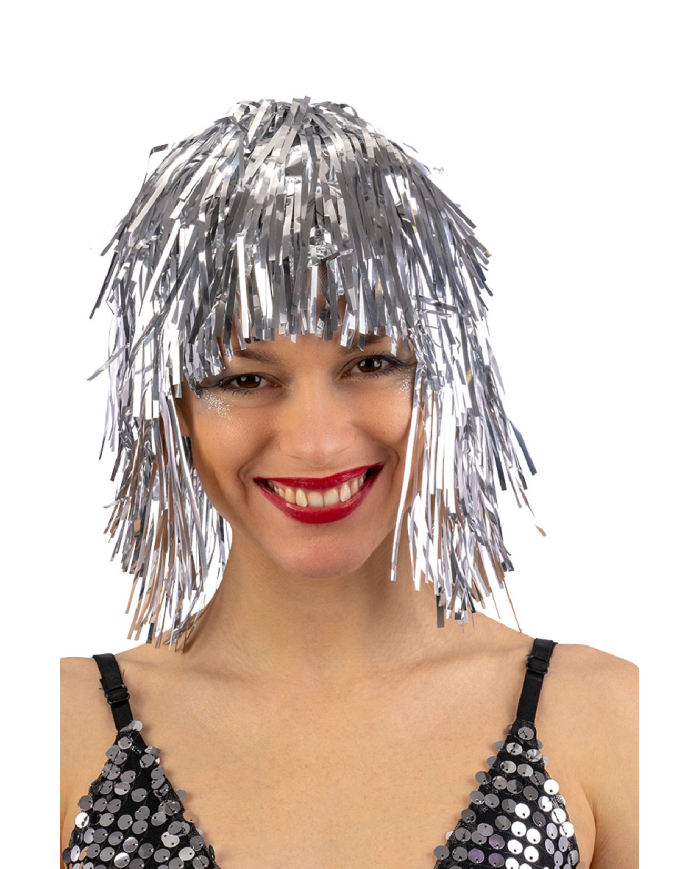 Silver metallic wig in bag