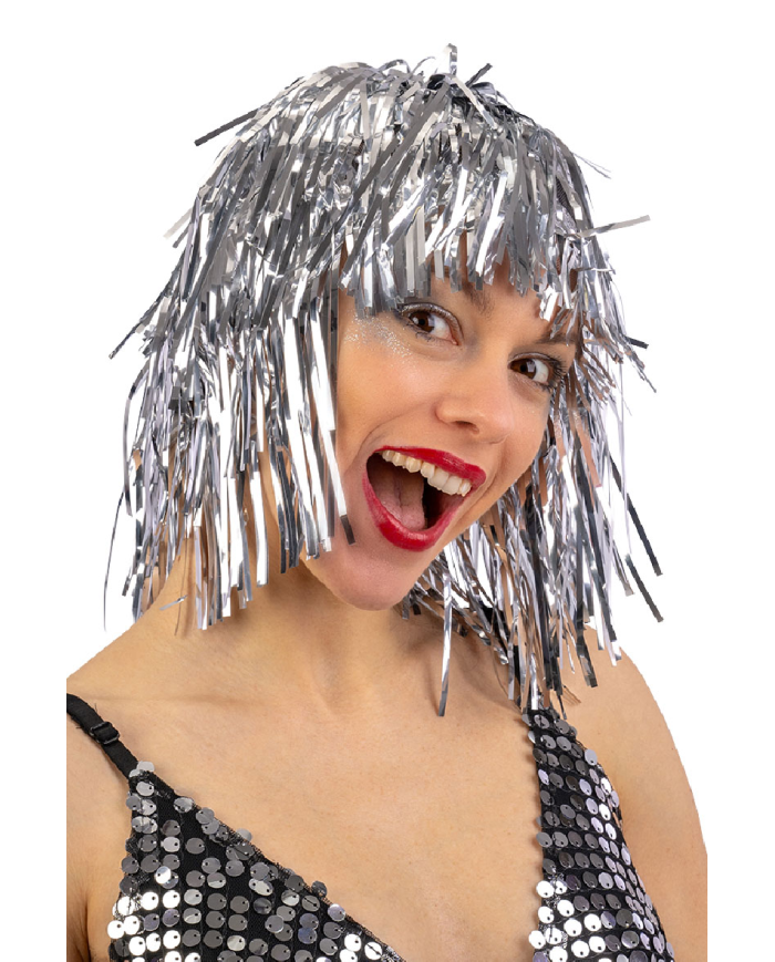 Silver metallic wig in bag