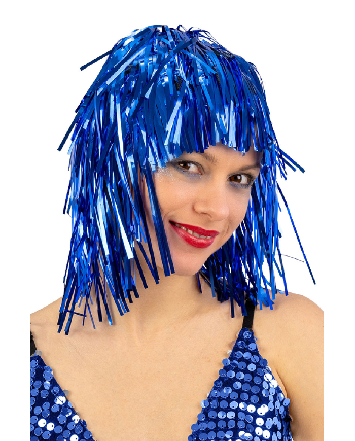 Blue metallic wig in bag