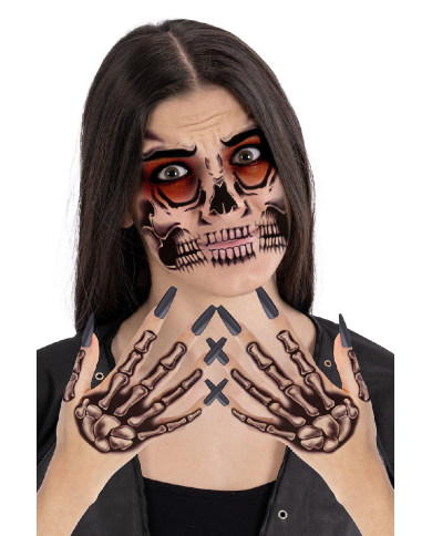 Fiche de tatouages mains et tête de mort dans un sachet sur papier cartonné