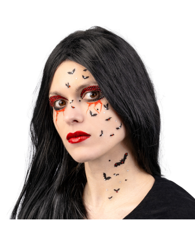 Fiche de tatouages visage chauves-souris avec strass dans un sachet sur papier cartonné