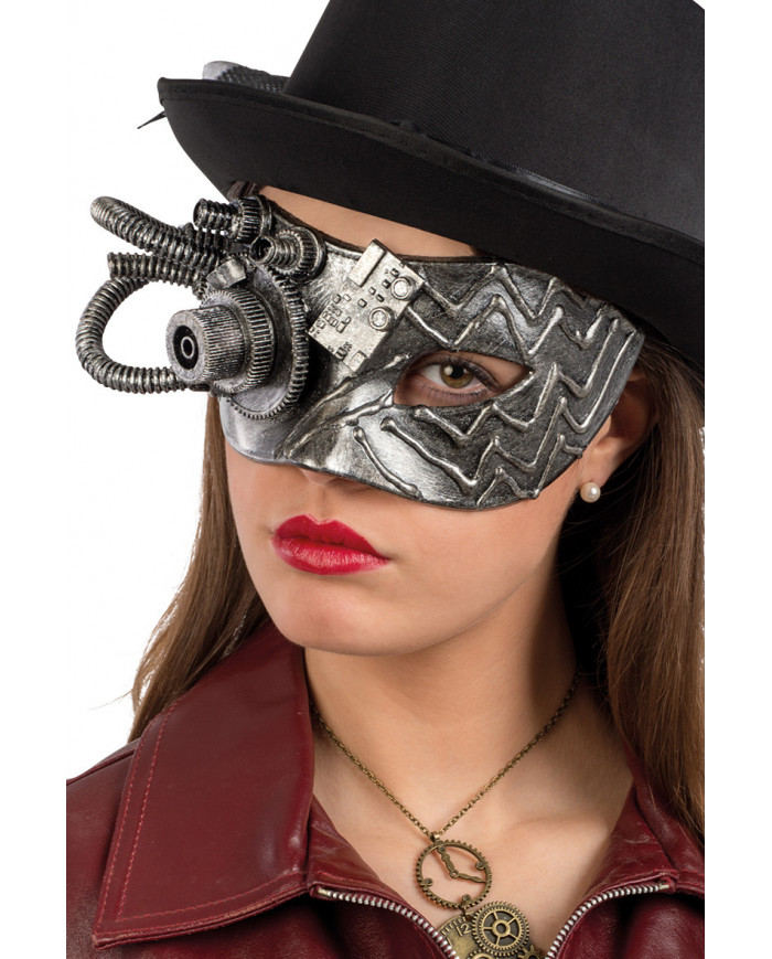 Chinless mask in silver plastic with many gears and mechanisms