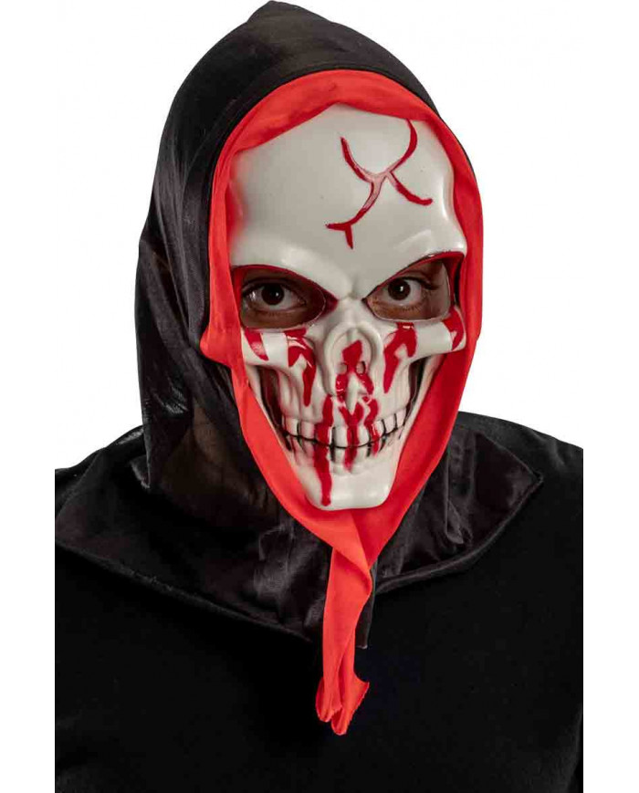 White rigid plastic skull mask with blood splashes, with fabric White rigid plastic skull mask with blood splashes, with fabric