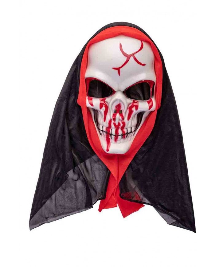 White rigid plastic skull mask with blood splashes, with fabric White rigid plastic skull mask with blood splashes, with fabric