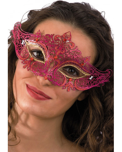 Fuchsia metal chinless mask with glitter decorations and