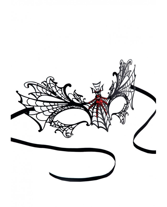 Black metal chinless mask with red spider rhinestones for an